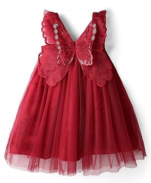 Babyhug Woven Sleeveless Mesh Party Dress With Butterfly Applique - Red