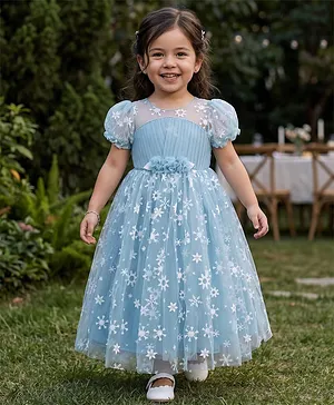 Babyhug Woven Half Puffed Sleeves
                              Snowflake Embroidered Party Dress - Light
                              Blue