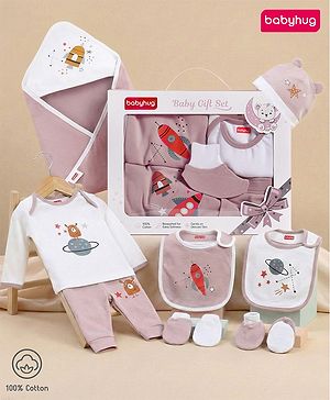 Babyhug Premium 100 % Cotton New Born Clothing Gift Set Astronaut Theme Brown - Pack of 8| Full Sleeve Set| Hooded Wrapper| Cap Bibs Mitten & Booties| Essential Clothing for 0 to 6 months