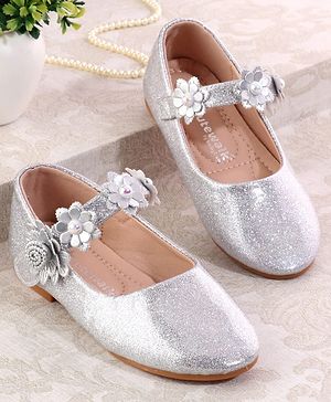 Cute Walk by Babyhug Velcro Closure Shimmery Ballerina with Floral Applique - Silver