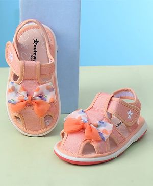 Cute Walk by Babyhug Sandals with Velcro Closure Heart Print & Bow Applique - Light Orange