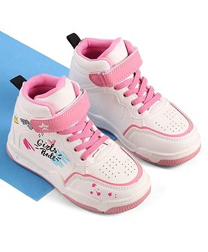 Cute Walk by Babyhug Sneaker Shoes with Velcro Closure Lace Detailing & Girls Rule Print - Pink