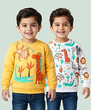 Babyhug Cotton Knit Full Sleeves Sweatshirt with Animal Graphics Pack of 2 - Yellow & White