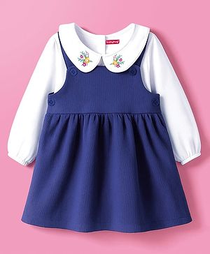 Babyhug Cotton Woven Frock with Full Sleeves Inner Tee & Floral Embroidery - Navy Blue & White