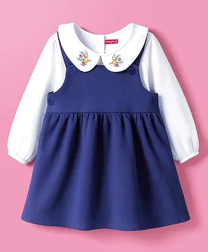 Babyhug Cotton Knit Frock with
                                  Full Sleeves Inner Tee & Floral
                                  Embroidery - Navy Blue & White
