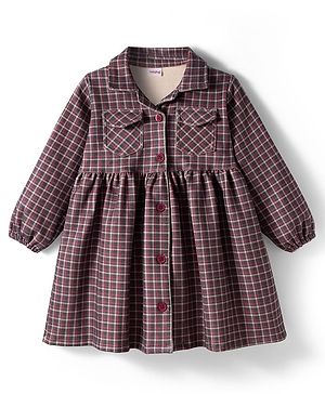 Babyhug Cotton Woven Full Sleeves Front Open Frock With Checks - Multicolour