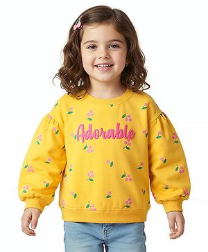 Babyhug Cotton Knit Full Volume Sleeves Sweatshirt With Floral Print - Yellow