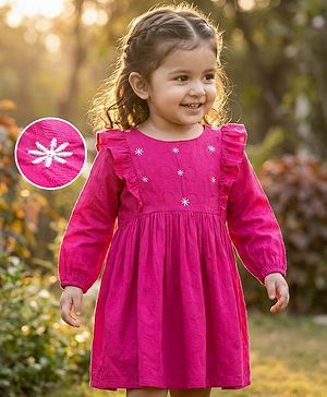 Babyhug Cotton Woven Full Sleeves Frock with Floral Embroidery & Frill Detailing - Pink