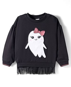 Babyhug Cotton Knit Full Sleeves Sweatshirt with Ghost Patch & Frill Detailing - Black
