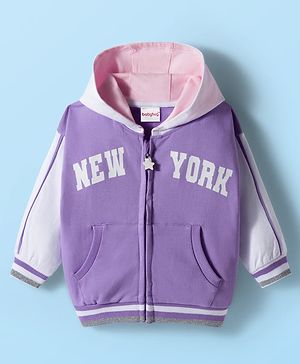Babyhug Cotton Knit Full Sleeves Hooded SweatJacket with Front & Back Text Graphic & Kangaroo Pocket - Purple