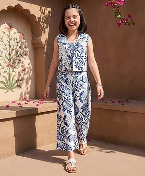 Pine Kids Sleeveless Floral Printed Indo Western Set - Blue