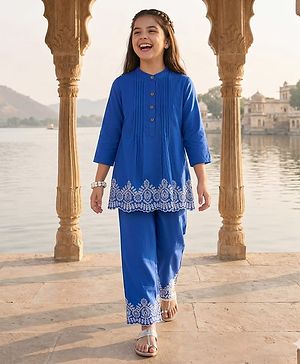 Pine Kids Cotton Woven Full Sleeves Pintuck & Embroidered Detailing Top & Pant Set - Blue