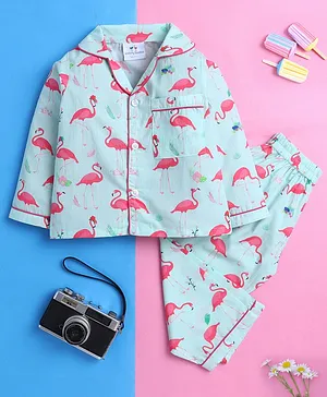 Knitting Doodles Pure Cotton Woven
                              Full Sleeves Flamingo Printed Night Suit
                              Set - Light Green