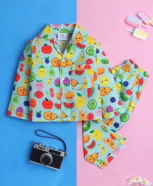 Knitting Doodles Pure Cotton Woven
                              Full Sleeves Fruits Printed Night Suit Set
                              - Light Blue