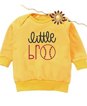 Kadam Baby Cotton Knit Raksha Bandhan Theme Full Sleeves Little Bro Text Printed Sweatshirt With Rakhi - Yellow