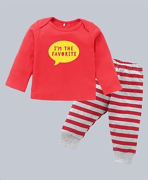 Kadam Baby Cotton Knit Full Sleeves I M The Favourite Text Printed Tee & Pant Set - Red