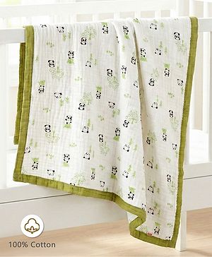 Babyhug 6 Layer Muslin Baby Blanket with Contrast Wide Edge Panda Print - Green| Absorbent Soft & Breathable| All Season Blanket| New Born Gifting| Bath Towel, Wrapper, Feeding Towel| Machine Washable