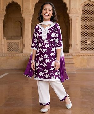 Pine Kids Cotton Woven Three Fourth Sleeves Floral Printed Kurta Chudidar Set with Dupatta - Purple