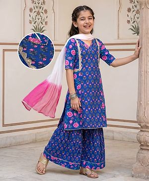 Pine Kids Cotton Woven Three Fourth Sleeves Floral Printed Kurta & Gharara with Dupatta Set - Blue