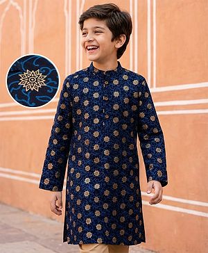 Pine Kids Cotton Woven Full Sleeves Kurta with Motif Glitter Print - Navy Blue