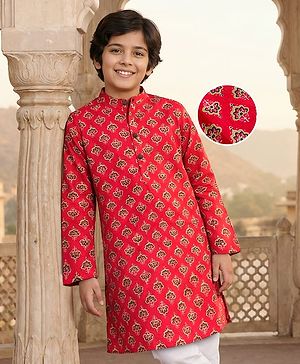 Pine Kids Cotton Woven Full Sleeves Floral Printed Kurta - Red