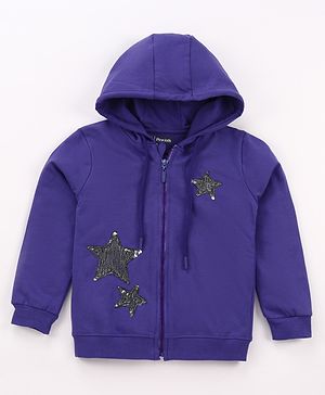 Pine Kids Cotton Knit Full Sleeves Hooded SweatJacket with Sequined Star Design - Purple