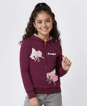 Pine Kids Cotton Knit Full Sleeves Hooded Sweatshirt with Floral Graphics - Wine