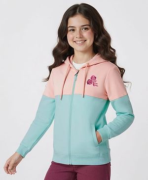 Pine Kids Cotton Knit Full Sleeves Hooded Sweatjacket With Floral Embroidery - Multicolor