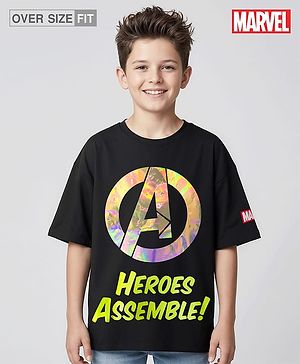 Pine Kids Marvel Single Jersey Knit Oversize Drop Shoulder Half Sleeves T-Shirt with Avengers Graphics and Holographic Print Detailing - Black