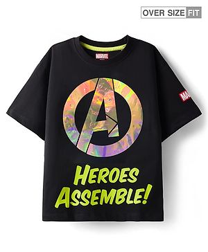 Pine Kids Marvel Single Jersey Knit Oversize Drop Shoulder Half Sleeves T-Shirt with Avengers Graphics and Holographic Print Detailing - Black