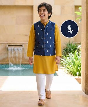 Pine Kids Cotton Woven Full Sleeves Kurta Pajama Set with Printed Jacket - Mustard