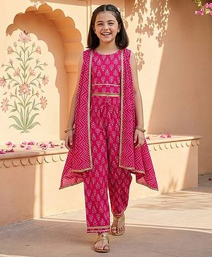 Pine Kids Cotton Woven Sleeveless Floral & Badhani Printed Top with Jacket & Pant Set - Pink