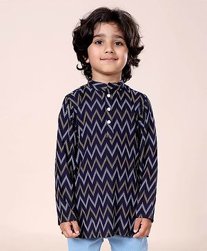 Kiddopanti Rayon Woven Full Sleeves Geometric Printed Short Kurta - Navy Blue