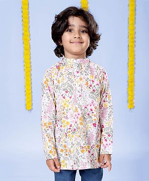 Kiddopanti Cotton Woven Full Sleeves Floral Printed Short Kurta - White