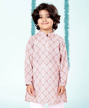 Kiddopanti Rayon Woven Full Sleeves Ethnic Motif Printed Kurta - Orange