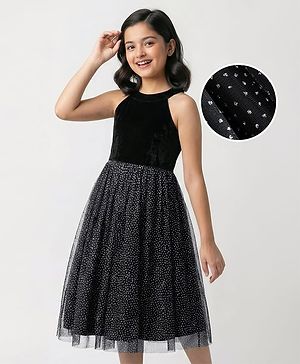 Pine Kids Woven Sleeveless Halter Neck Party Gown With Glitter Print - Black