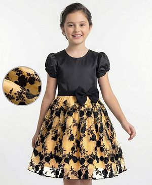 Pine Kids Woven Half Sleeves Party Gown With Floral Embroidery & Bow Applique - Black