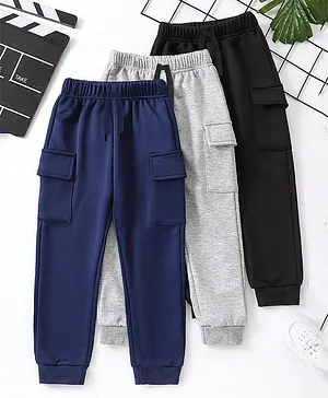Trampoline Cotton Blend Knit Pack Of
                              3 Solid Cargo Joggers With Pockets - Blue
                              Grey & Black