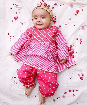 KID1 Cotton Woven Full Sleeves Leheriya & Bandhani Designed Gota Lace Embellished Kurti Pant Set - Pink