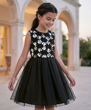 Pine Kids Knit Sleeveless Flared Party Dress with Sequin Detailing - Black