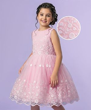Pine Kids Knit Sleeveless Flared Party Dress with Floral Embroidery - Pink