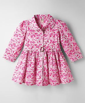 ToffyHouse Cotton Woven Full Sleeves Front Open Frock with Floral Print & Belt - Pink