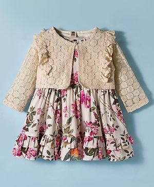 ToffyHouse Linen Woven Floral Printed Frock with Full Sleeves Shrug - Beige