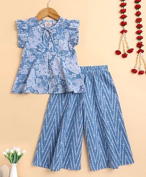 The Magic Wand Cotton Woven Frill Sleeveless Floral Printed Top & Palazzo Set - Blue