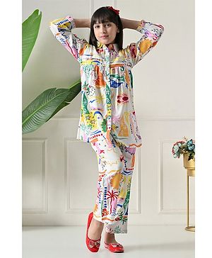 Bella Moda Cotton Woven Three Fourth Sleeves Abstract Printed Shirt Style Top & Coordinating Pant Set - Multi Colour