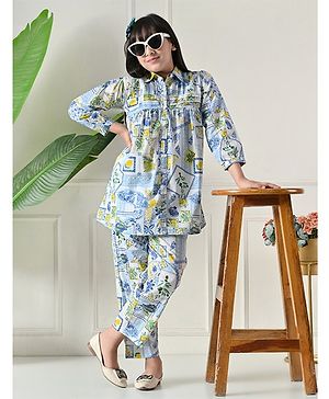 Bella Moda Cotton Woven Three Fourth Sleeves Floral Printed Shirt Style Top & Coordinating Pant Set - Blue