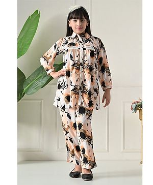 Bella Moda Cotton Woven Full Sleeves Abstract Printed Shirt Style Top & Coordinating Pant Set - Multi Colour