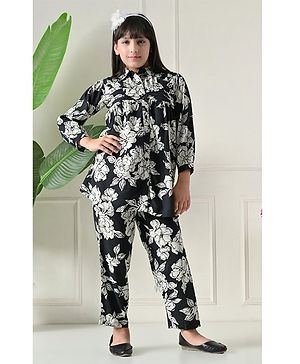 Bella Moda Cotton Woven Three Fourth Sleeves Floral Printed Shirt Style Top & Coordinating Pant Set - Black