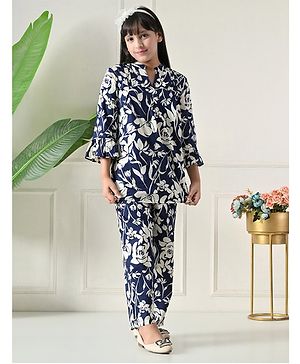 Bella Moda Cotton Woven Three Fourth Bell Sleeves Floral Printed Top & Coordinating Pant Set - Navy Blue