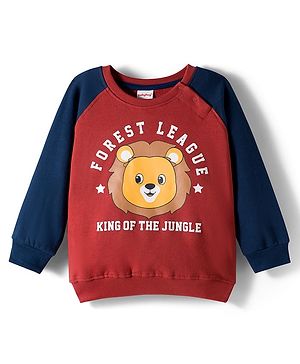 Babyhug Cotton Knit Full Raglan Sleeves Sweatshirt With Lion Print - Dark Red